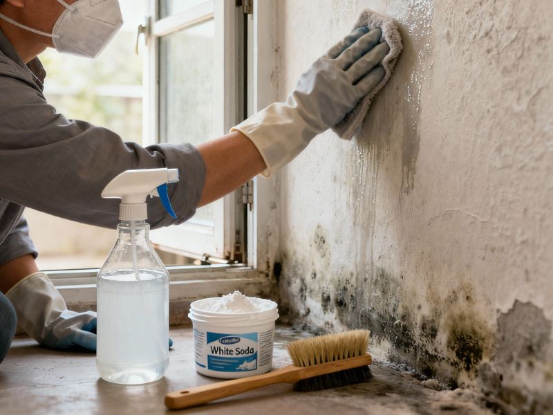 muška osoba sa maskom preko lica čisti vlagu prirodnim putem, soda, sirće i četka za čišćenje