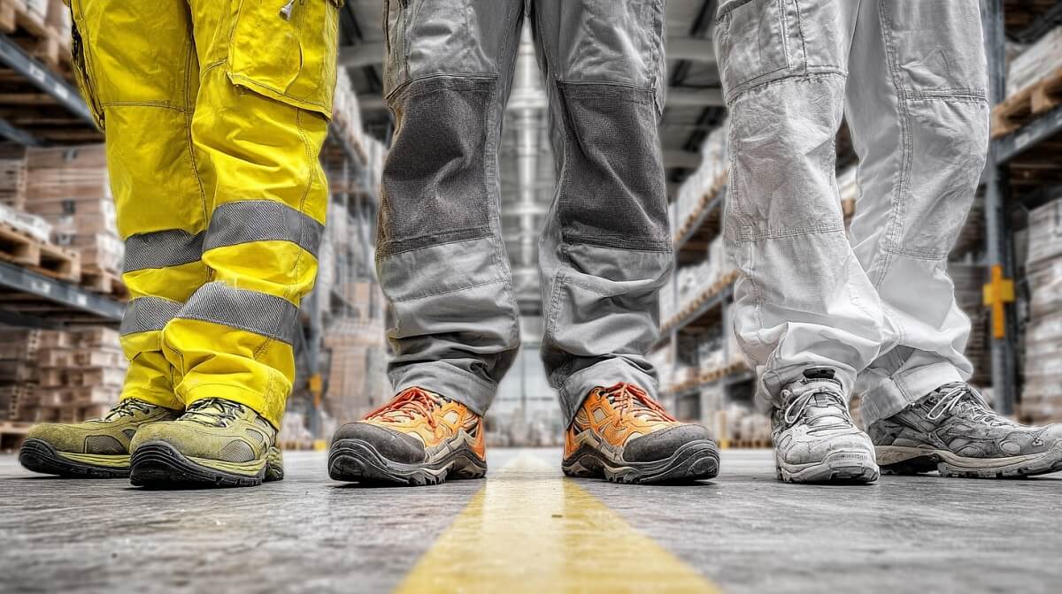 Tri radnika stoje u svojim radnim cipelama koje su prilagođene različitim uslovima rada