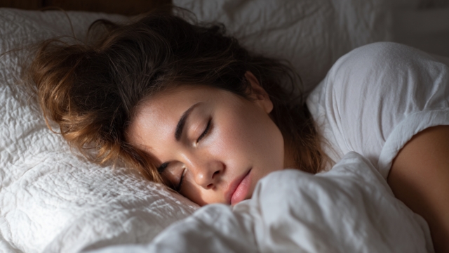 Žena mirno spava u urednom, mekanom krevetu i prikazuje trenutak koji odražava dobar kvalitet sna