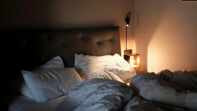 Prikazan je mračan, miran krevet sa prigušenim svetlom pored uzglavlja