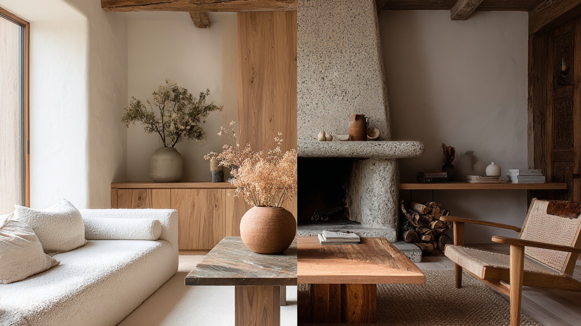 Dnevna soba uređena u prirodnom, rustičnom stilu sa kombinacijom svetlog drveta, kamenog kamina, tkanim tepisima i dekorativnim keramičkim vazama