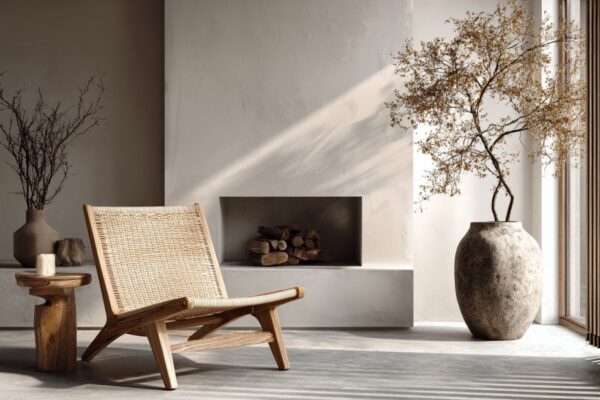 Svetla dnevna soba sa drvenom stolicom od pruća, rustičnim stolčićem, velikom keramičkom vazom i dekorom od suvih grančica pored modernog kamina