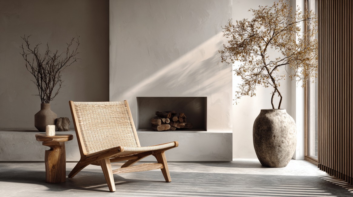 Svetla dnevna soba sa drvenom stolicom od pruća, rustičnim stolčićem, velikom keramičkom vazom i dekorom od suvih grančica pored modernog kamina