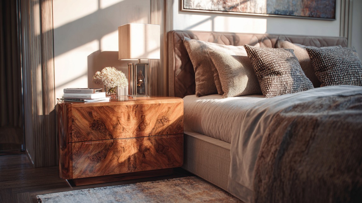 Drvena noćna komoda pored kreveta sa lampom, knjigama i dekorom u toplim tonovima