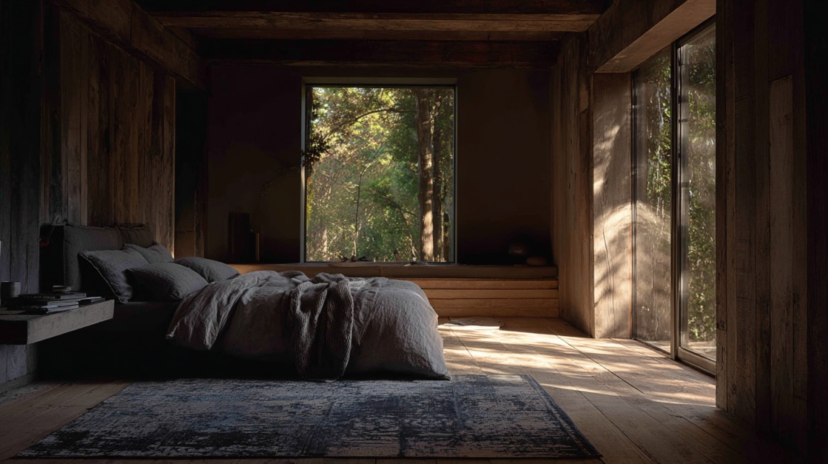 Spavaća soba od drveta sa velikim prozorima i mekanom posteljinom u prirodnim tonovima