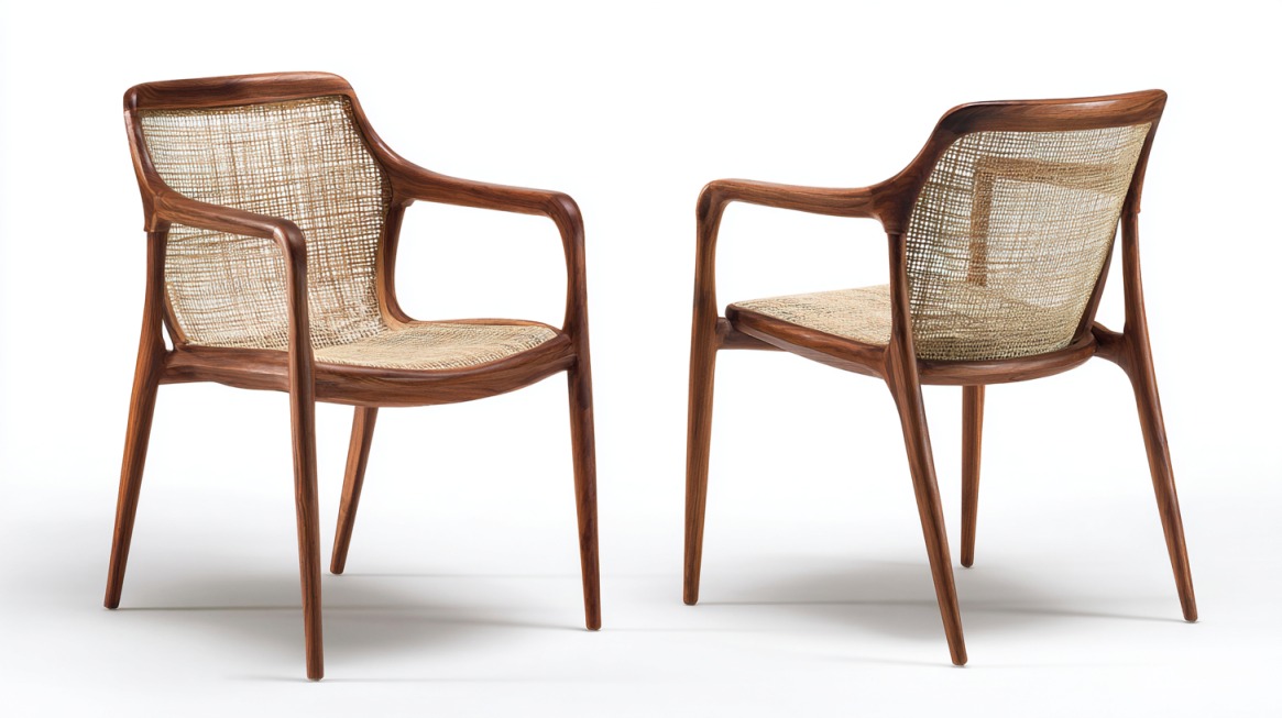 Dve drvene stolice sa isprepletanim ratan sedalima i naslonima, prikazane na beloj pozadini