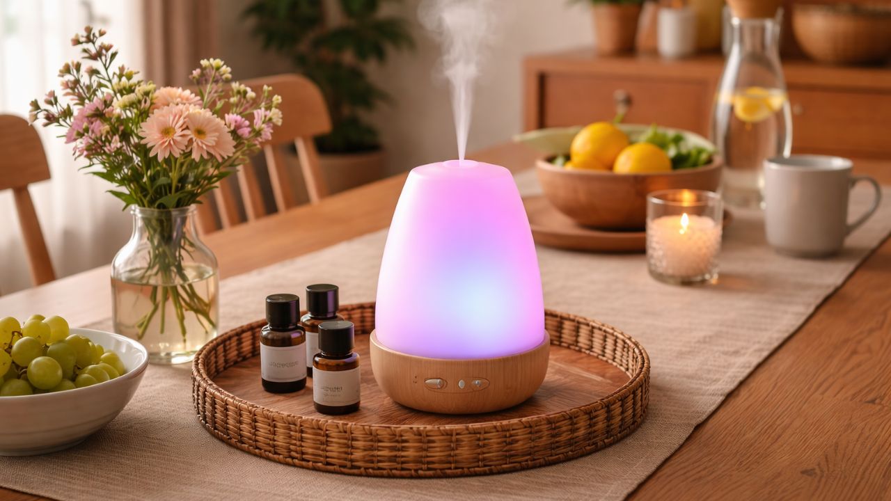 Šareni aroma difuzer na trpezarijskom stolu koji ispušta esencijalna ulja