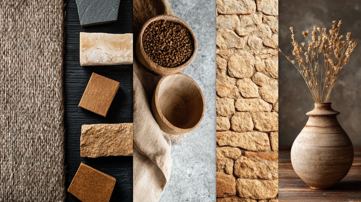 Kolaž fotografija koji prikazuje različite prirodne materijale: tkaninu, uzorke kamena, drvene činije sa semenkama, zid od kamena i keramičku vazu sa suvim granama