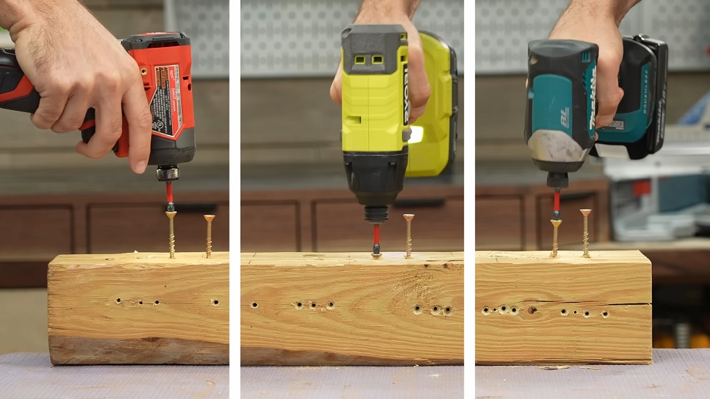 Tri šrafilice različitih brendova u radu