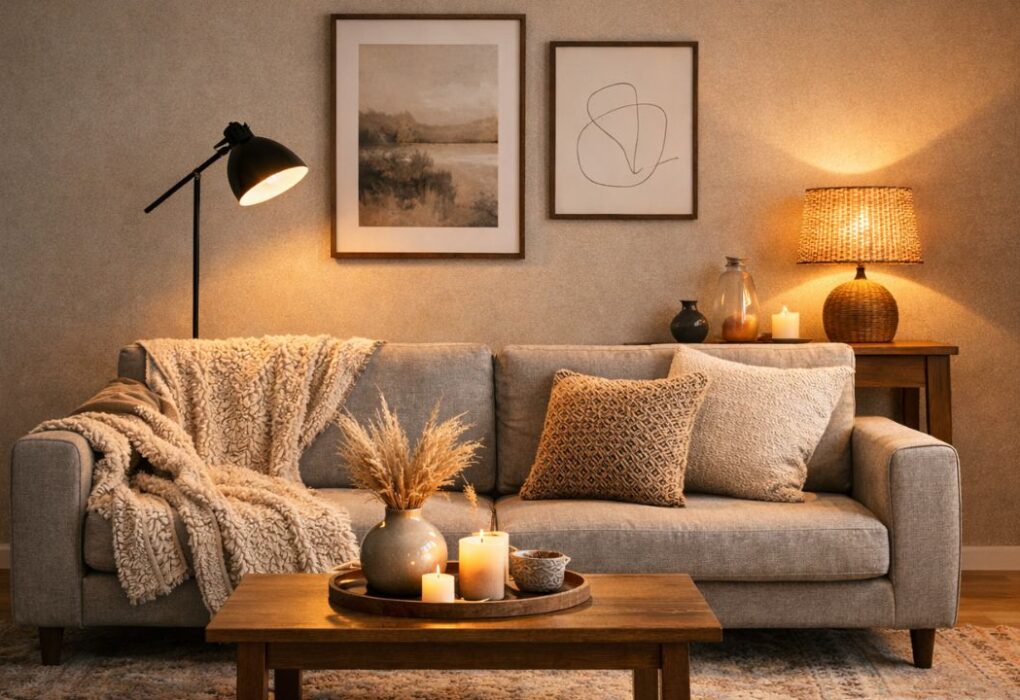 Udobna siva sofa sa jastucima, toplim osvetljenjem i dekorativnim detaljima