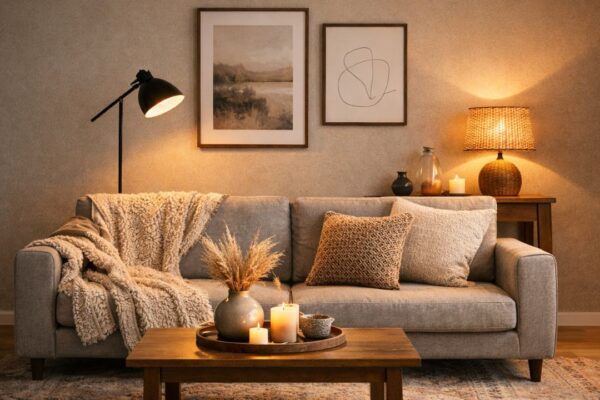 Udobna siva sofa sa jastucima, toplim osvetljenjem i dekorativnim detaljima