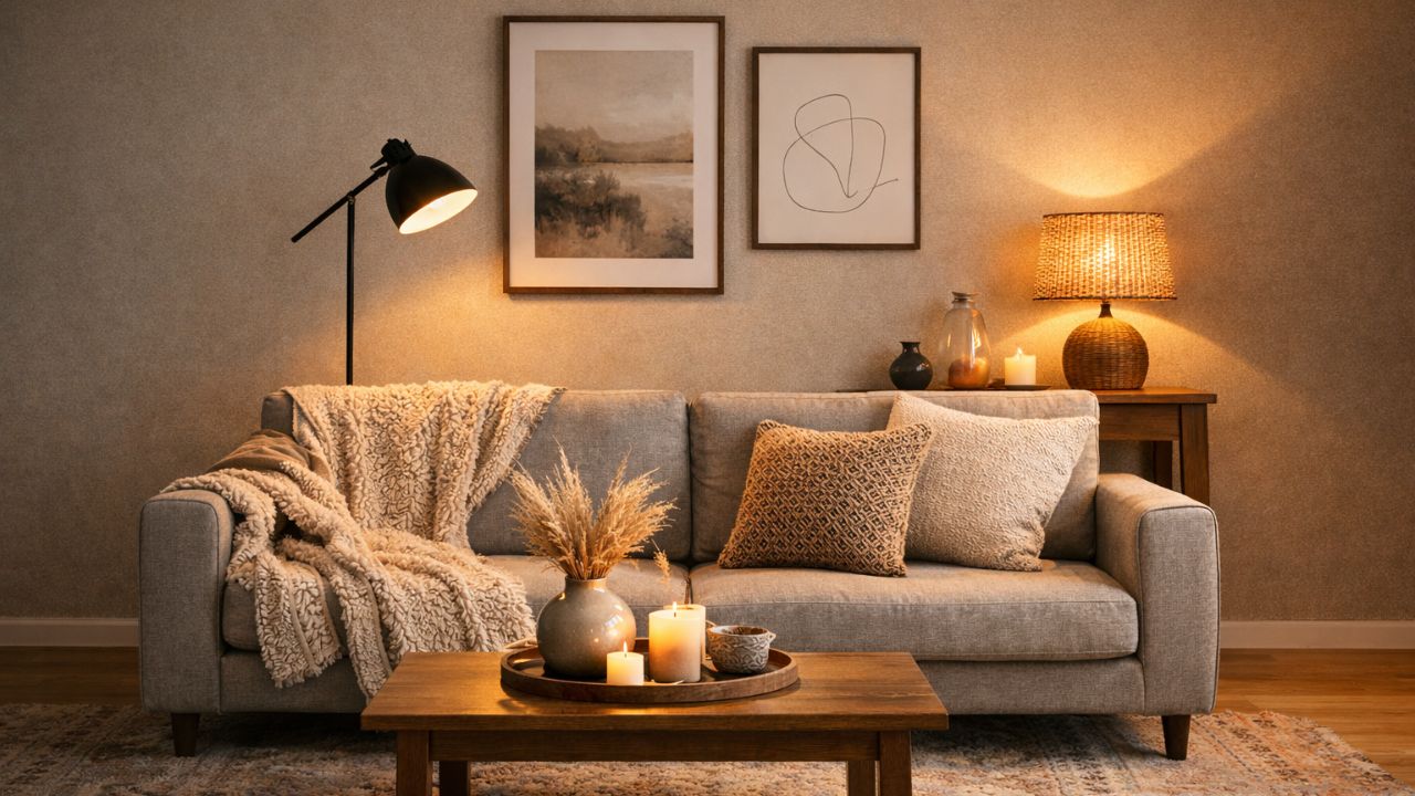 Udobna siva sofa sa jastucima, toplim osvetljenjem i dekorativnim detaljima