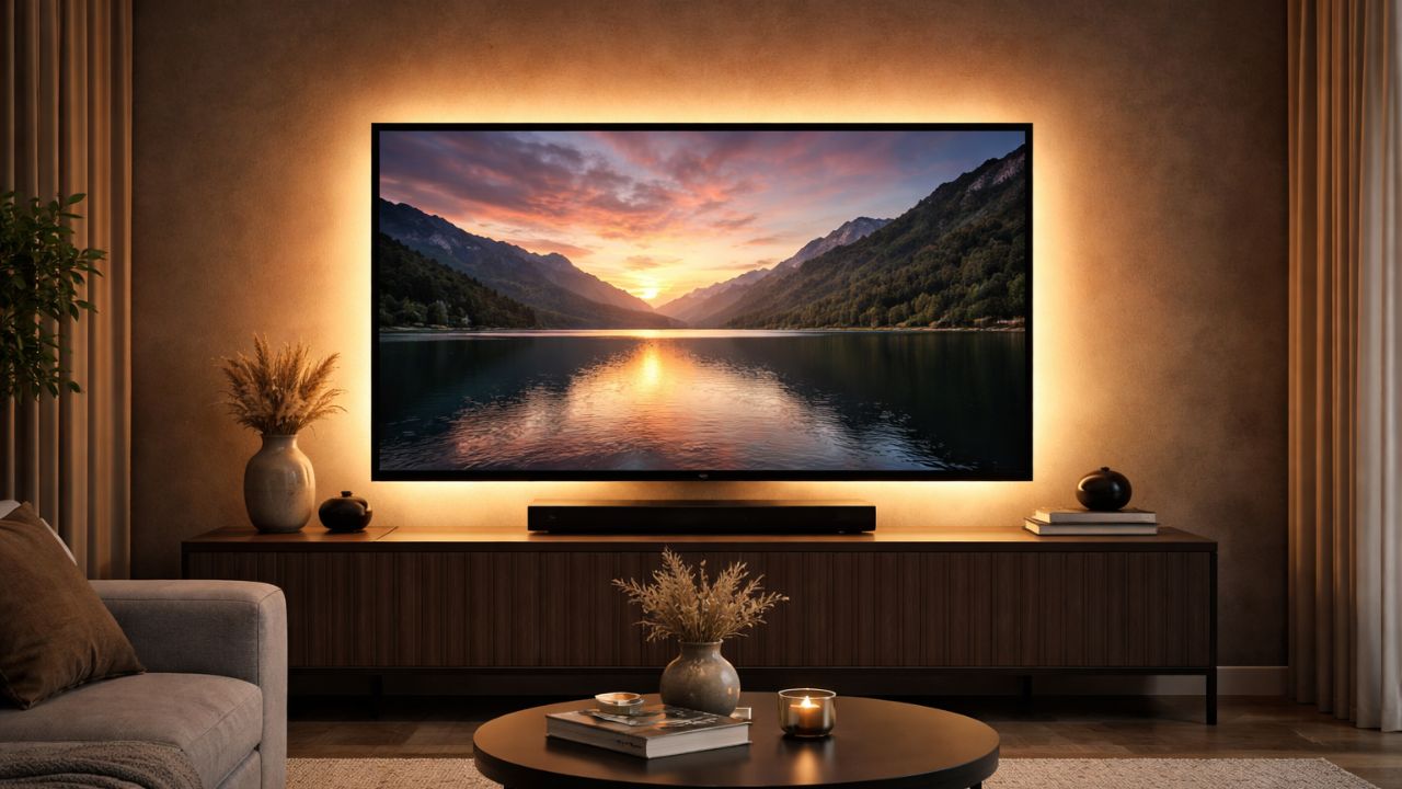 Televizor sa ambijentalnim LED osvetljenjem u moderno uređenoj dnevnoj sobi