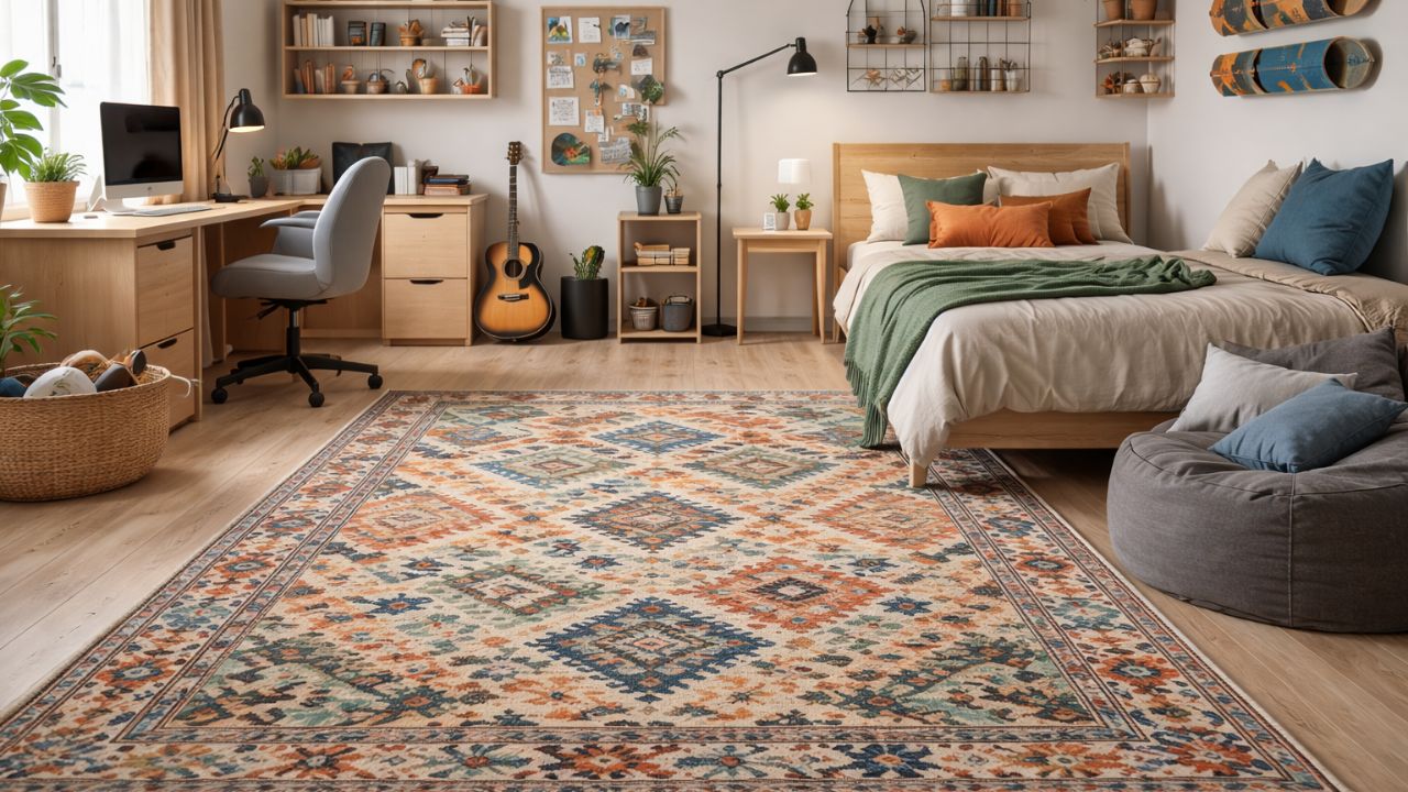 Dečja soba sa drvenim nameštajem i velikim dekorativnim tepihom sa geometrijskim šarama