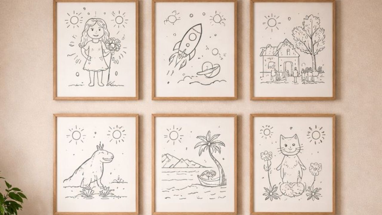 Dnevna soba sa crno belim dečjim crtežima u drvenim ramovima iznad sofe