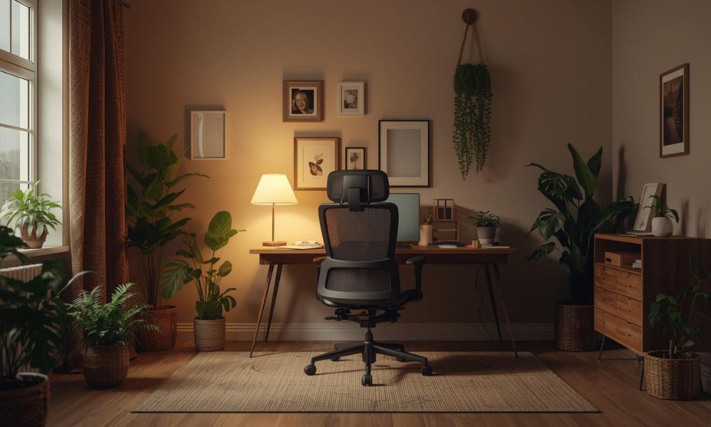 Radni kutak kod kuće sa ergonomskom stolicom, drvenim radnim stolom, sobnim biljkama i toplim ambijentalnim osvetljenjem u mirnom prostoru.