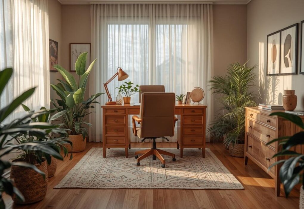 Radni kutak kod kuće sa drvenim radnim stolom, ergonomskom stolicom, prirodnim osvetljenjem i biljkama u toplom, mirnom ambijentu.