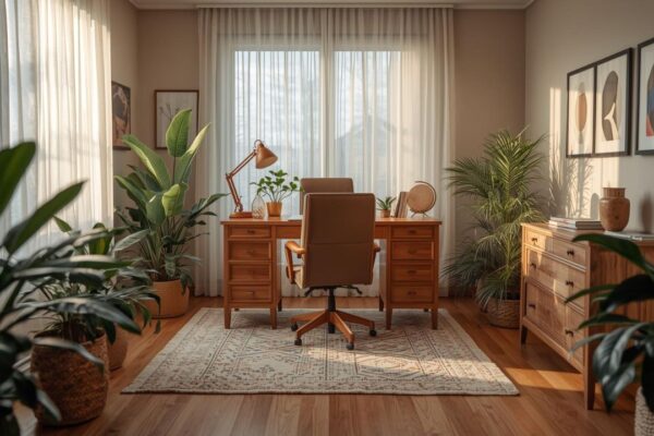 Radni kutak kod kuće sa drvenim radnim stolom, ergonomskom stolicom, prirodnim osvetljenjem i biljkama u toplom, mirnom ambijentu.