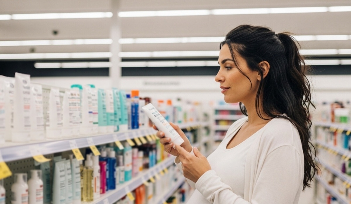 Trudnica u apoteci čita deklaraciju proizvoda
