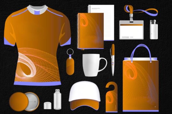 prikaz reklamnih proizvoda, rokovnik, majica, kačket, hemijska, usb... na crnoj pozadini