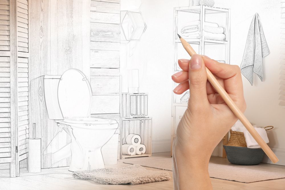 Skica modernog kupatila sa planiranjem rasporeda sanitarija, polica i visećih elemenata