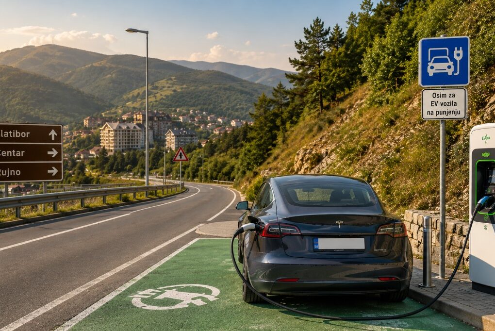 Električni automobil priključen na EV punjač pored planinskog puta, na jednoj od stanica za dopunu baterije između, na putu između Beograda i Podgorice.