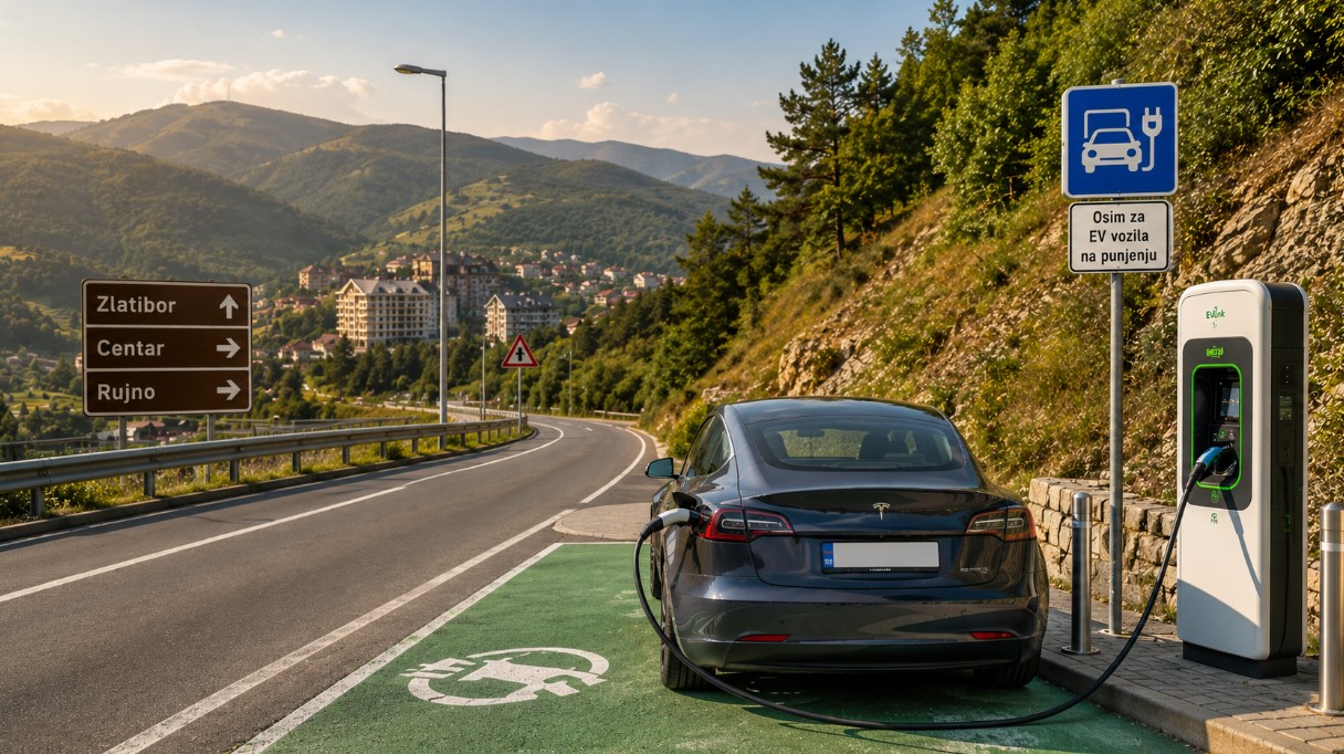 Električni automobil priključen na EV punjač pored planinskog puta, na jednoj od stanica za dopunu baterije između, na putu između Beograda i Podgorice.