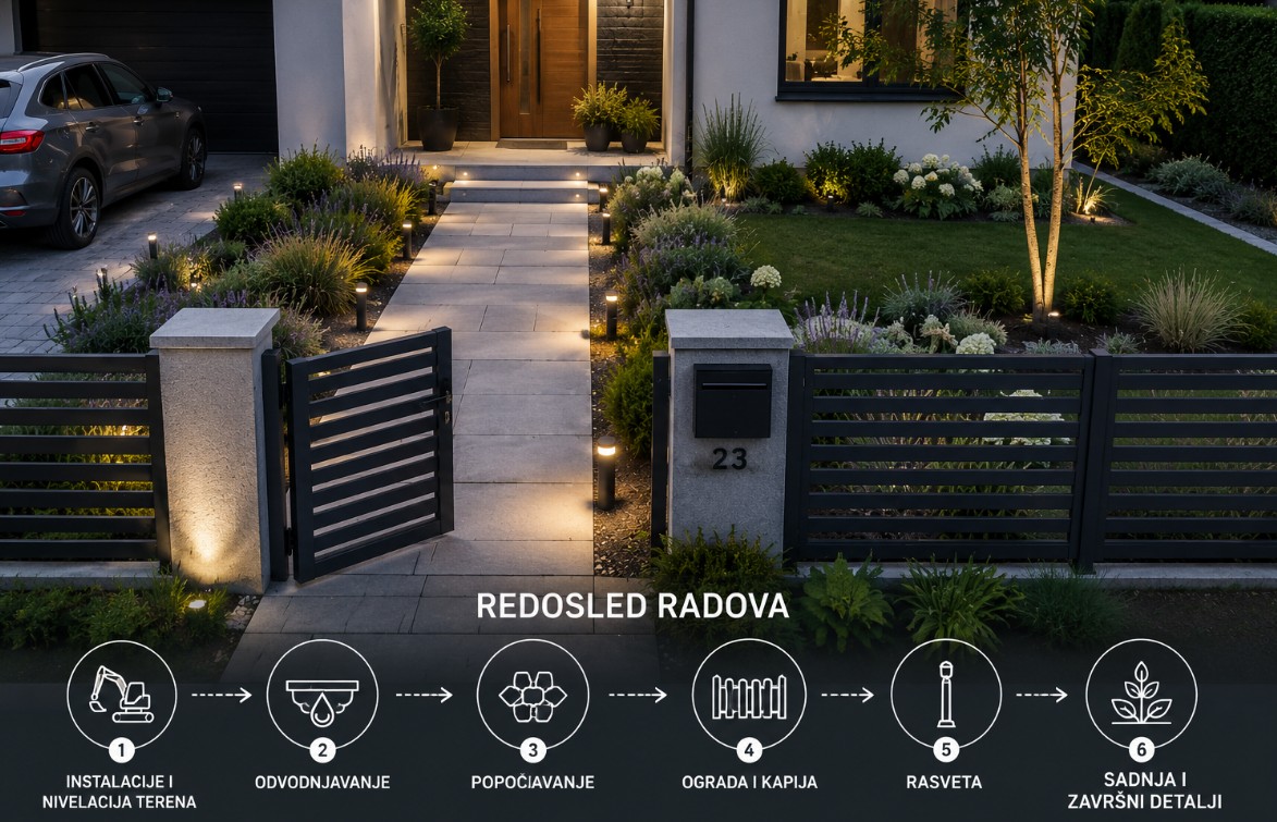 Moderan ulaz u kuću sa stazom, ogradom, rasvetom i pregledom redosleda radova za uređenje prednjeg dela dvorišta