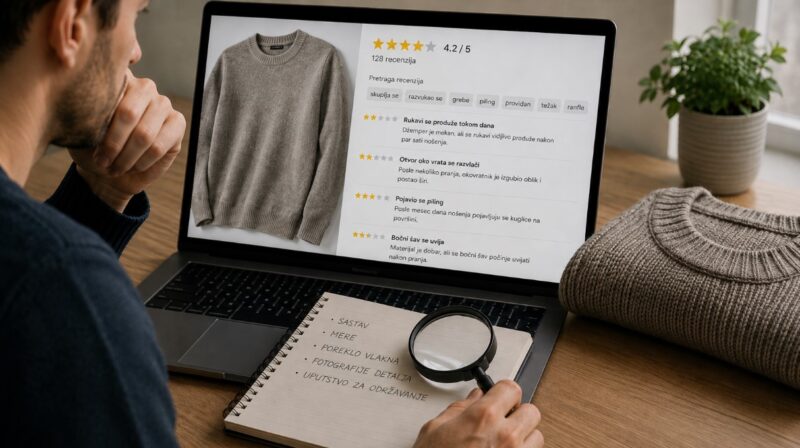 Muškarac čita online recenzije džempera i proverava informacije o kvalitetu pletenine