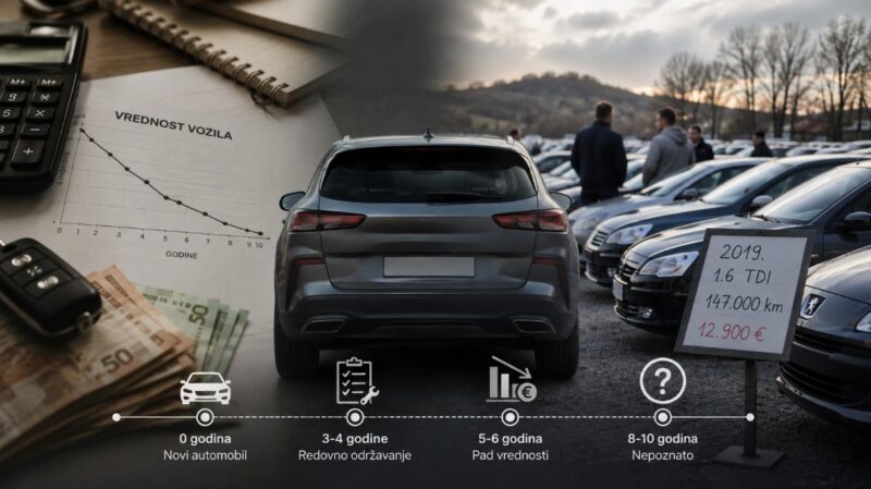 Automobili u salonu uz grafikon pada vrednosti vozila tokom godina