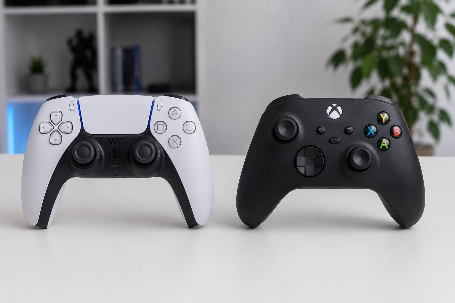 PS5 DualSense i Xbox Wireless Controller na belom stolu