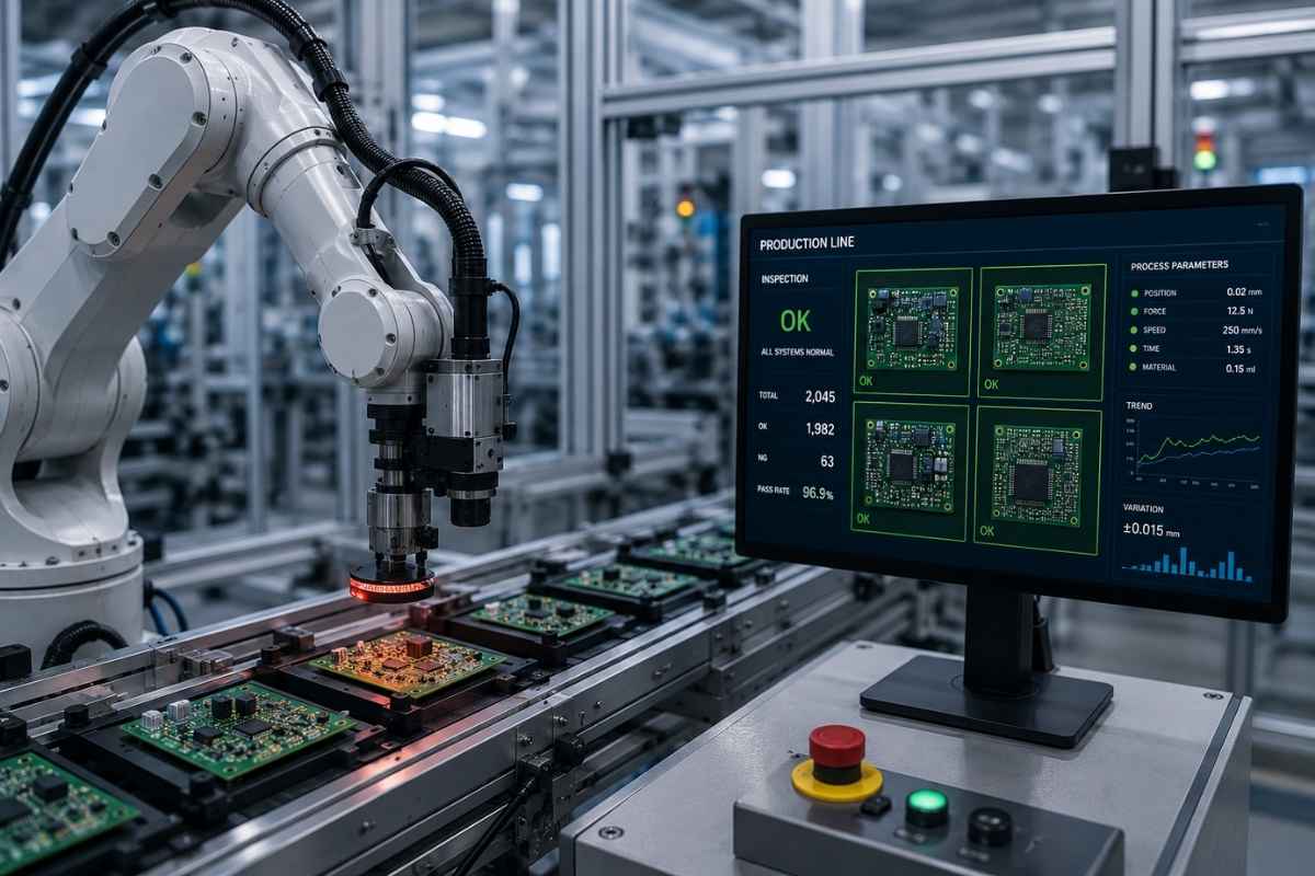 Industrijski robot kontroliše elektronske komponente na proizvodnoj liniji i prati parametre procesa radi smanjenja grešaka.