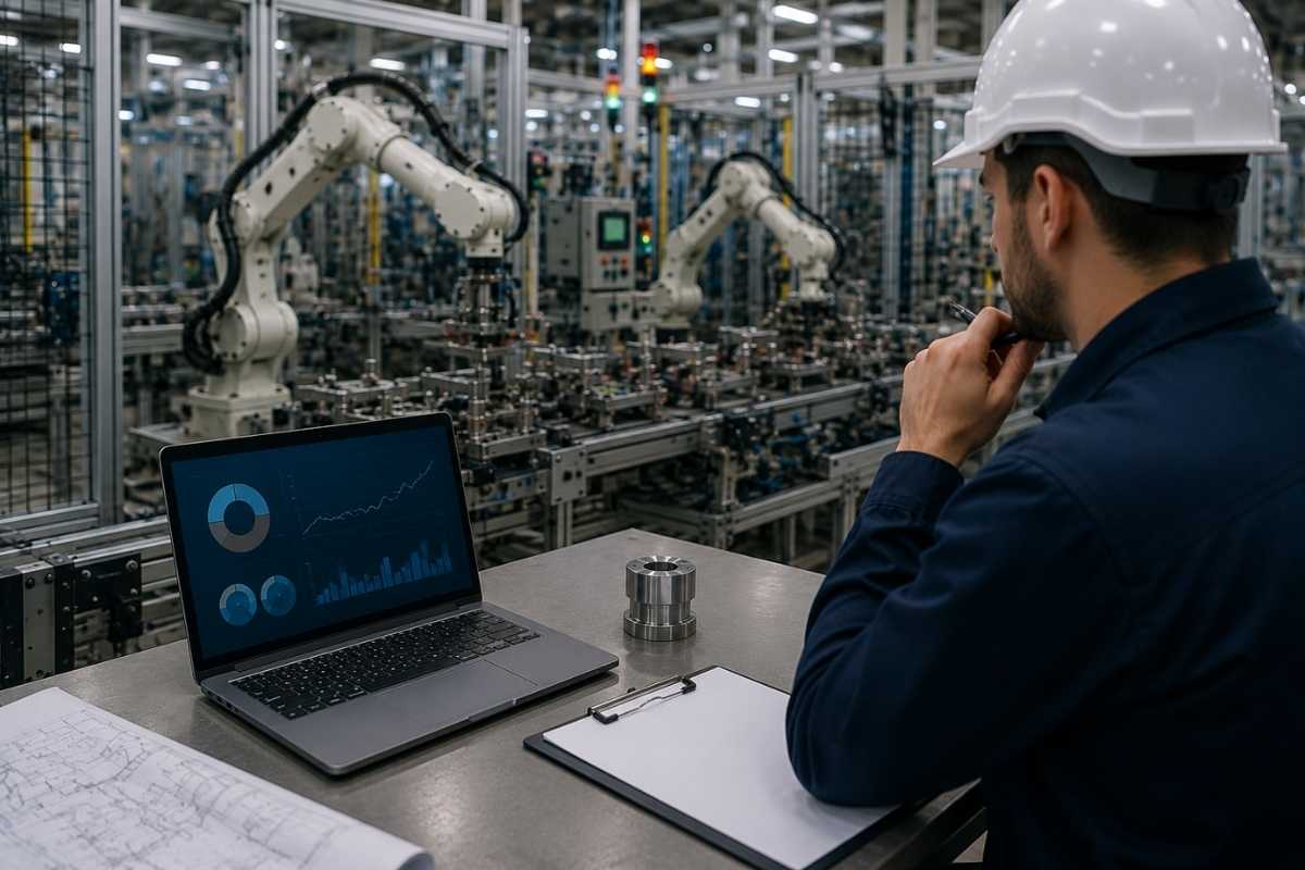 Inženjer analizira podatke sa proizvodne linije i rad industrijskih robota tokom planiranja automatizacije procesa.