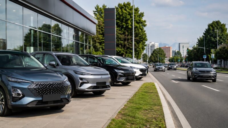 Moderni kineski SUV automobili izloženi ispred auto salona pored prometne gradske saobraćajnice