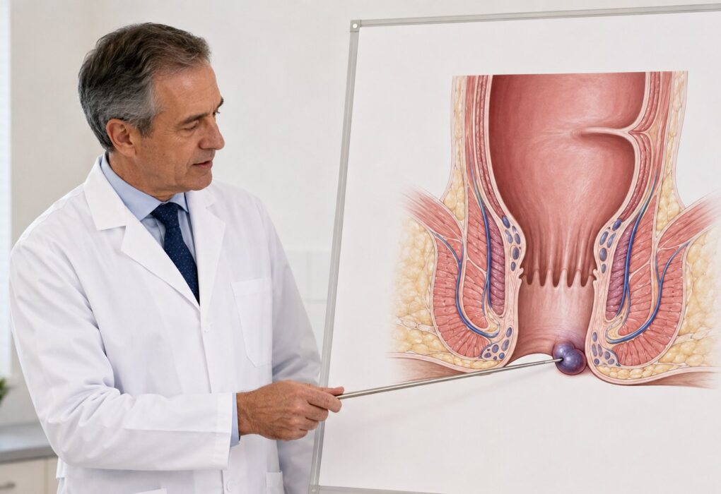 Lekar pokazuje trombozirani spoljašnji hemoroid na anatomskom prikazu završnog dela debelog creva i analnog kanala.