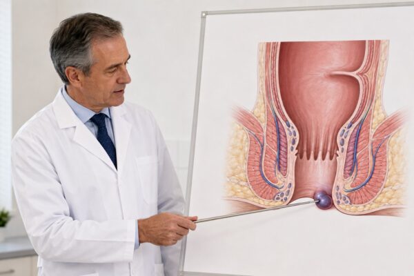 Lekar pokazuje trombozirani spoljašnji hemoroid na anatomskom prikazu završnog dela debelog creva i analnog kanala.