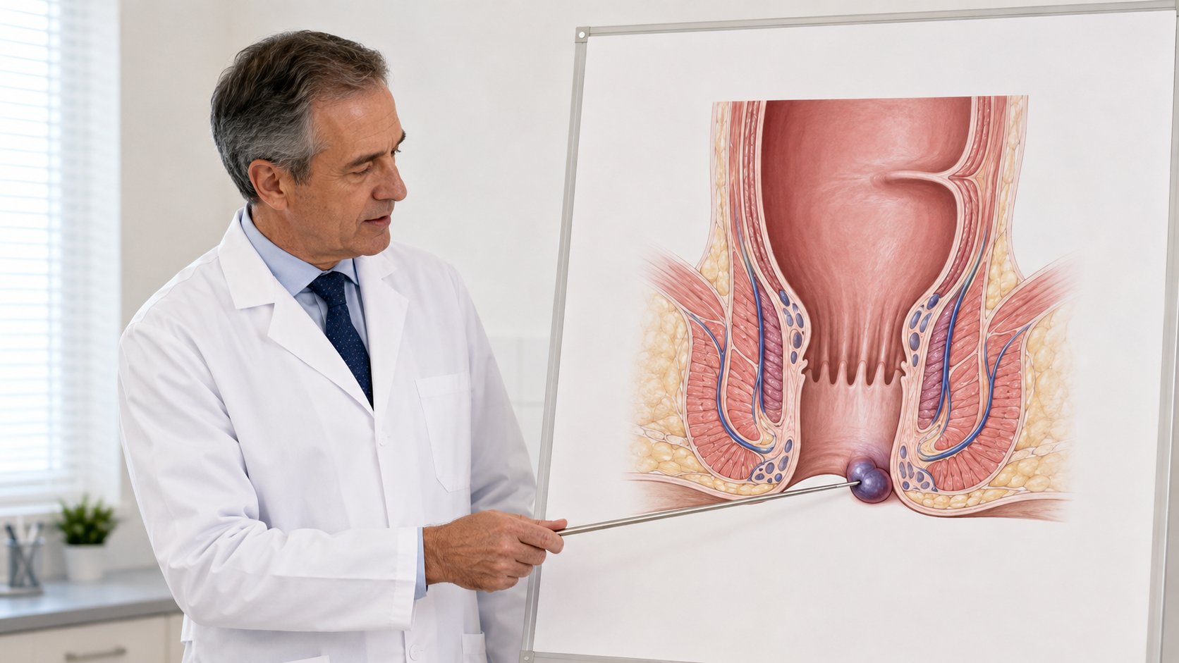 Lekar pokazuje trombozirani spoljašnji hemoroid na anatomskom prikazu završnog dela debelog creva i analnog kanala.