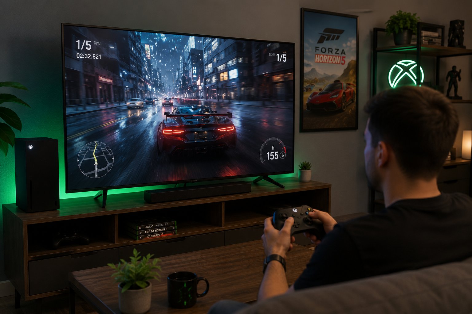 Momak igra trkačku igru na Xbox Series X konzoli i 4K televizoru