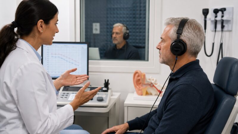 Audiolog obavlja pregled sluha kod muškarca pomoću audiometrije