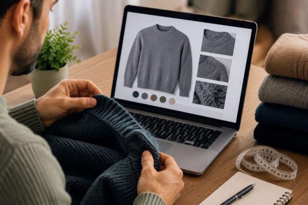 Muškarac pregleda džemper i fotografije pletenine na laptopu tokom online kupovine