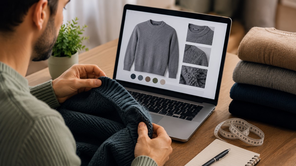 Muškarac pregleda džemper i fotografije pletenine na laptopu tokom online kupovine