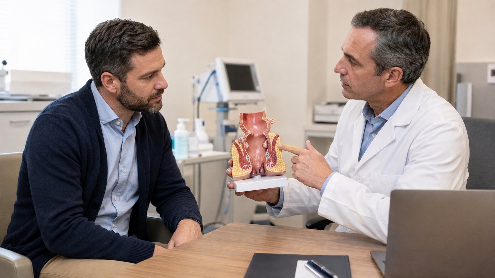 Lekar u ordinaciji pomoću anatomskog modela objašnjava pacijentu nastanak i mogućnosti lečenja tromboziranih hemoroida.