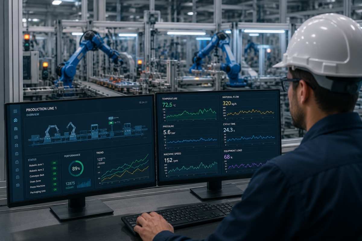 Operater prati podatke sa senzora i rad industrijske proizvodne linije u realnom vremenu preko kontrolnih monitora.