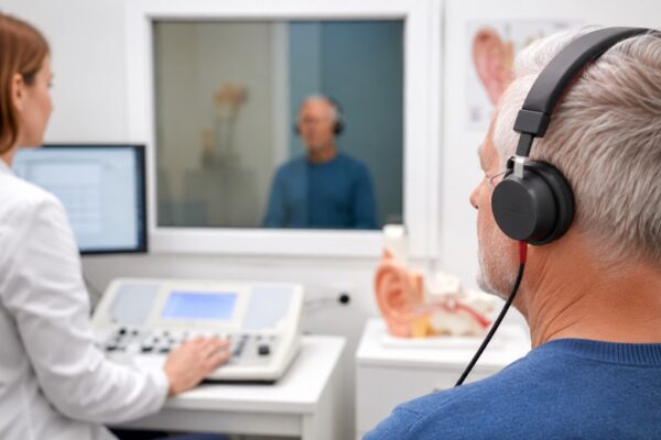 Muškarac na audiometrijskom pregledu sluha sa slušalicama