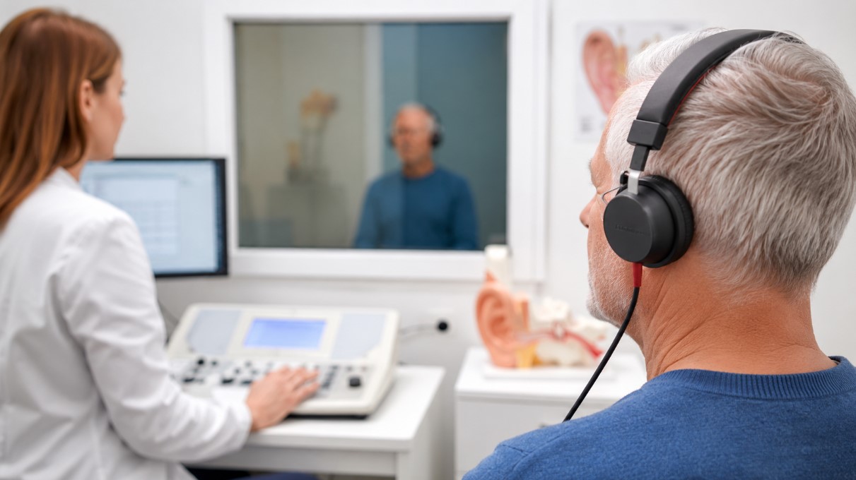 Muškarac na audiometrijskom pregledu sluha sa slušalicama
