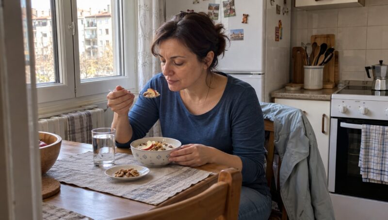 Žena doručkuje ovsene pahuljice sa voćem i orasima uz čašu vode