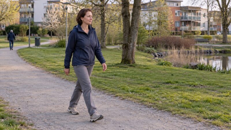 Žena u tamnoplavoj jakni šeta stazom kroz park.